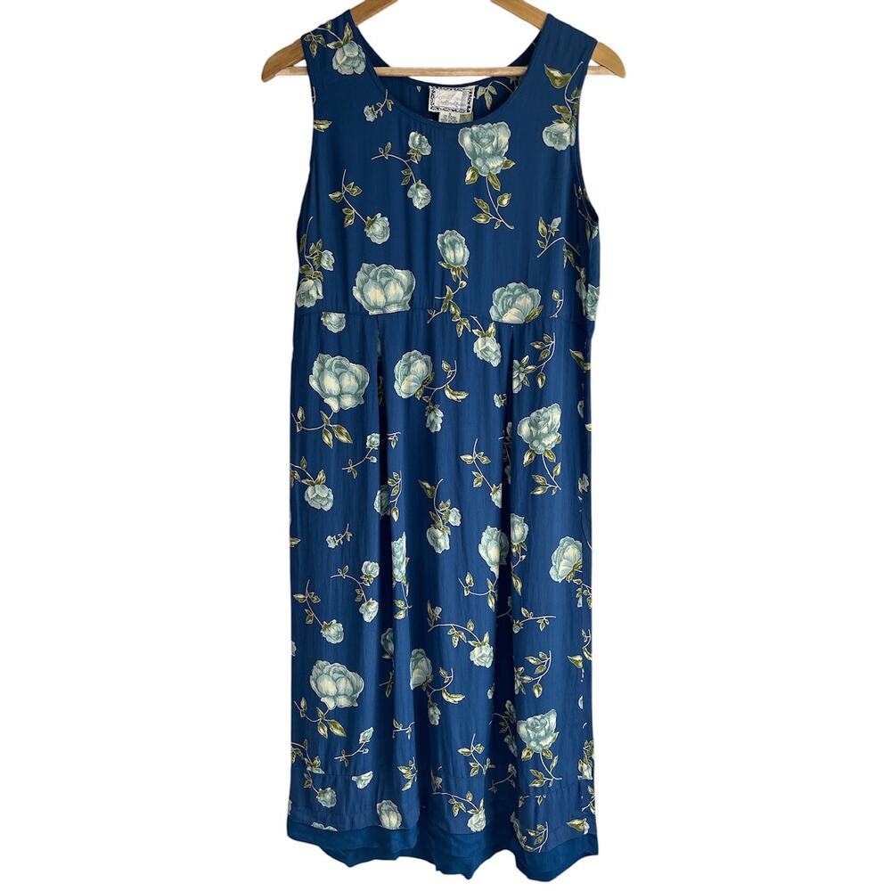 Vintage April Cornell Small Cottagecore Rose Floral Sun Dress Tiered Hem‎ Blue
